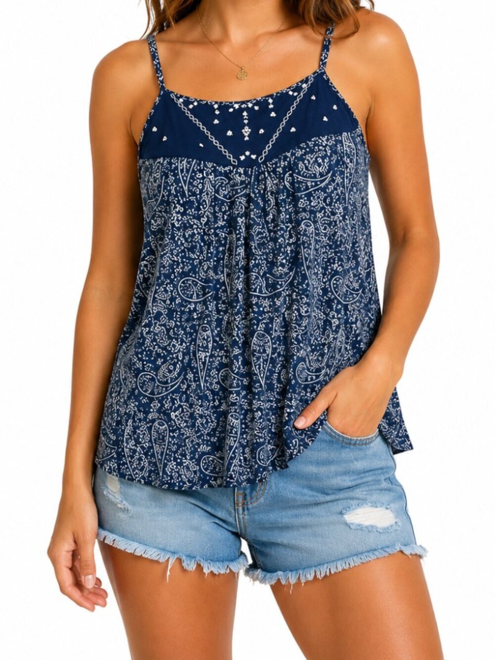 Max Jeans Women's Boho Style Blue and White Paisley Print Embroidered Tank Top